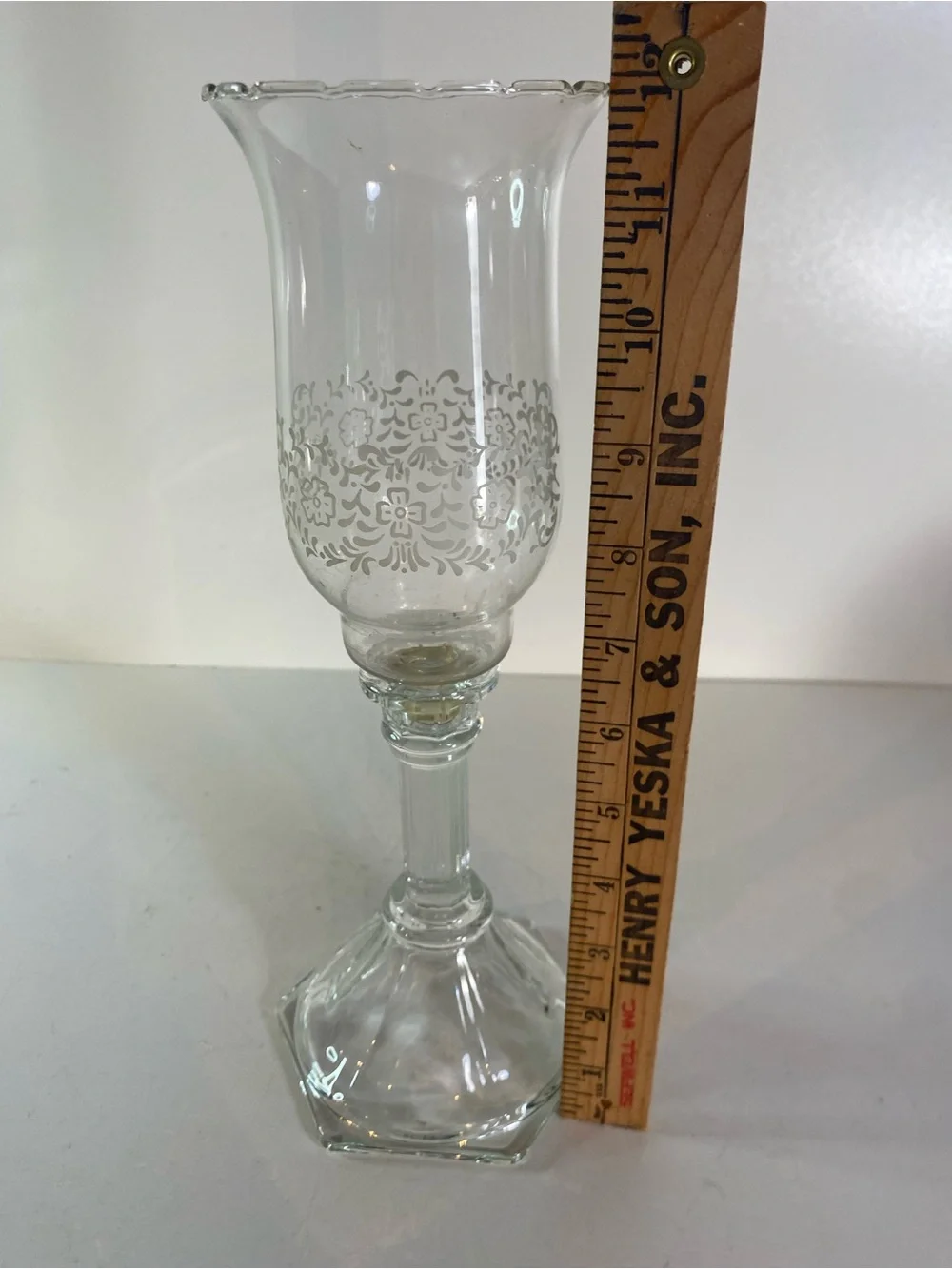 Vintage 2 Piece Clear Glass Etched Floral Votive Cup Candle Holder 12” Height